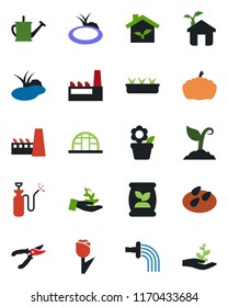 Color and black flat icon set - flower in pot vector, watering can, sproute, pruner, seedling, pumpkin, greenhouse, seeds, pond, garden sprayer, fertilizer, tulip, factory, eco house, palm