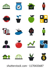 Color and black flat icon set - left arrow vector, manager, contract, seedling, greenhouse, pond, fertilizer, application, point graph, house with tree, fruit, estate agent, apple, eco, money bag