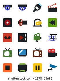 Color and black flat icon set - ticket office vector, clapboard, film frame, tv, video camera, pause button, stop, rewind, rec, hdmi, record, web, surveillance
