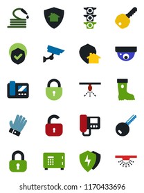 Color and black flat icon set - safe vector, lock, glove, boot, hose, traffic light, shield, protect, key, intercome, home, surveillance, sprinkler