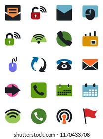 Color and black flat icon set - phone vector, right arrow, mail, mouse, calendar, call, update, wireless, lock, flag