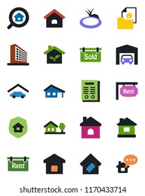 Color and black flat icon set - office building vector, house, pond, contract, with garage, tree, estate document, rent, sold signboard, search, smart home, insurance, eco, message