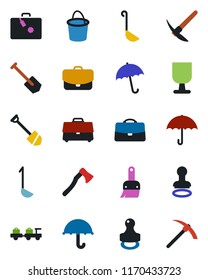 Color and black flat icon set - suitcase vector, umbrella, stamp, baggage larry, job, bucket, axe, fragile, themes, case, ladle, hard work