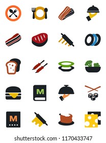 Color and black flat icon set - spoon and fork vector, cafe, menu, salad, plates, bacon, waiter, bread, chicken, steak, kebab, hamburger, rolling pin, sushi, cheese
