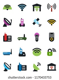 Color and black flat icon set - antenna vector, satellite, office phone, remote control, radio, wireless, lock, router, garage gate
