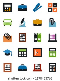 Color and black flat icon set - airport bus vector, checkroom, book, calculator, graduate, abacus, microscope, case, paper clip, stapler