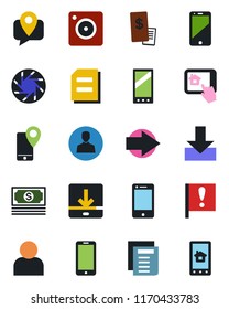 Color and black flat icon set - right arrow vector, mobile phone, document, important flag, cash, tracking, cell, camera, user, download, restaurant receipt, home control app