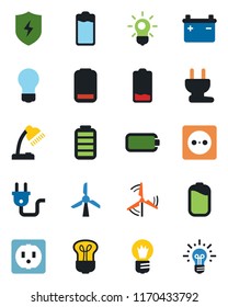 Color and black flat icon set - bulb vector, battery, low, protect, desk lamp, windmill, socket, power plug, idea