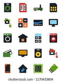 Color and black flat icon set - washer vector, calculator, monitor, speaker, phone back, sim, smart home, credit card, control, chip, router, usb flash
