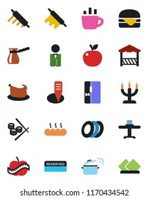 Color and black flat icon set - coffee vector, plant label, diet, fridge, waiter, restaurant table, reserved, plates, bread, candle, alcove, chicken, hamburger, rolling pin, steaming pan, turkish