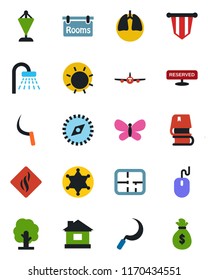 Color and black flat icon set - shower vector, plane, pennant, mouse, tree, butterfly, house, sun, sickle, lungs, compass, book, plan, rooms, reserved, smoke detector, police, money bag