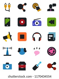 Color and black flat icon set - camera vector, brainstorm, radio, antenna, loudspeaker, network, cell phone, touch screen, speaker, headphones, share, group, stop button, rewind, rec, rca, news