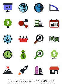 Color and black flat icon set - hierarchy vector, meeting, office building, consumer search, motivation, rocket, money bag, clock, earth, crisis, calendar, cash, social media, presentation, tree