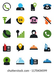 Color and black flat icon set - phone vector, reception bell, office, 24 hours, support, mobile tracking, radio, call, mute, cellular signal