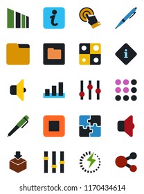 Color and black flat icon set - package vector, sorting, settings, touch screen, stop button, menu, folder, charge, application, pen, sound, information, social media