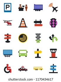 Color and black flat icon set - airport tower vector, plane radar, bus, parking, passport control, signpost, alarm car, border cone, helicopter, disabled, route, traffic light, truck trailer