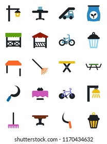 Color and black flat icon set - ladder car vector, rake, sickle, garden light, picnic table, fertilizer, bike, restaurant, alcove, outdoor lamp