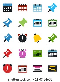 Color and black flat icon set - alarm clock vector, drawing pin, calendar, term, paper, bell, schedule
