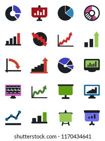 Color and black flat icon set - growth statistic vector, presentation board, crisis graph, circle chart, monitor pulse, statistics, bar, pie, point