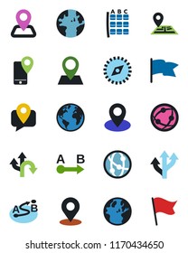 Color and black flat icon set - seat map vector, route, navigation, earth, pin, mobile tracking, network, place tag, compass, flag