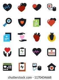 Color and black flat icon set - heart vector, pulse, diagnosis, blood pressure, diagnostic, shield, hand, real, medical calendar, clipboard, sweet home