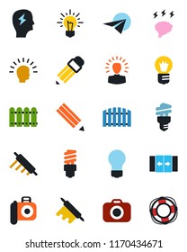Color and black flat icon set - automatic door vector, brainstorm, bulb, camera, pencil, fence, rolling pin, energy saving, shining head, idea, paper plane, crisis management
