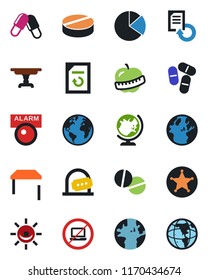 Color and black flat icon set - no laptop vector, ticket office, globe, document reload, pills, diet, earth, pie graph, table, police, alarm led