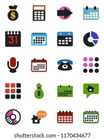 Color and black flat icon set - right arrow vector, calendar, circle chart, microphone, menu, calculator, phone, home message, money bag