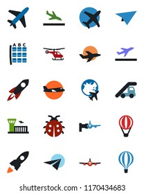 Color and black flat icon set - plane vector, departure, arrival, ladder car, boarding, helicopter, seat map, globe, airport building, lady bug, rocket, paper, air balloon