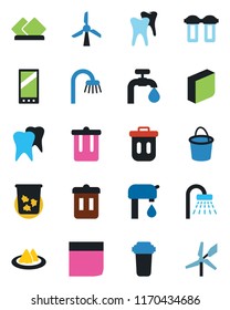 Color and black flat icon set - trash bin vector, shower, bucket, tooth, mobile, blank box, water supply, bathroom, serviette, filter, windmill