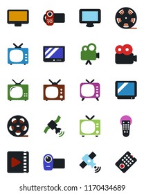 Color and black flat icon set - tv vector, reel, satellite, video camera, remote control, monitor