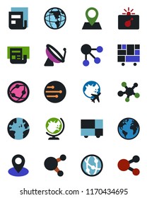 Color and black flat icon set - satellite antenna vector, bomb in case, globe, plane, earth, pin, consolidated cargo, network, share, news, social media
