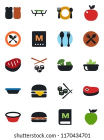 Color and black flat icon set - spoon and fork vector, picnic table, cafe, menu, salad, salt pepper, steak, hamburger, bowl, sushi, apple fruit
