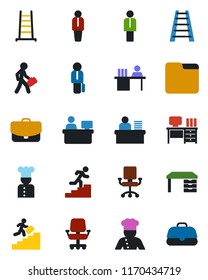 Color and black flat icon set - manager vector, desk, place, ladder, folder, career, cook, office chair, case