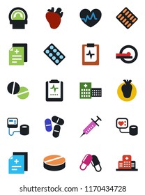 Color and black flat icon set - heart pulse vector, diagnosis, syringe, blood pressure, pills, blister, tomography, real, clipboard, hospital