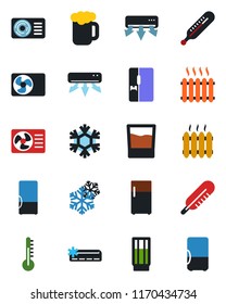 Color and black flat icon set - thermometer vector, heater, air conditioner, fridge, drink, beer, snowflake