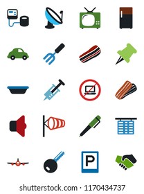 Color and black flat icon set - parking vector, no laptop, wind, plane, flight table, garden fork, syringe, blood pressure, car delivery, satellite antenna, paper pin, pen, key, tv, bacon, bowl