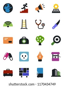 Color and black flat icon set - ladder vector, well, garden knife, doctor case, stethoscope, pills, consolidated cargo, search, mail, ink pen, career, sun panel, fruit tree, wireless, socket, fridge