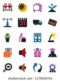 Color and black flat icon set - alarm clock vector, baby room, office binder, flower in pot, blood test vial, virus, car delivery, search cargo, barcode, antenna, speaker, tv, update, calendar, cook