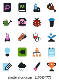 Color and black flat icon set - hierarchy vector, document search, notepad, bulb, pencil, watering can, saw, lady bug, rain, dropper, office phone, 24 hours, radio, rewind, menu, bacon, ham
