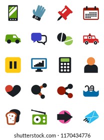 Color and black flat icon set - right arrow vector, glove, pills, ambulance car, radio, dialog, share, heart, pause button, mobile, user, monitor statistics, drawing pin, calculator, pool, bread