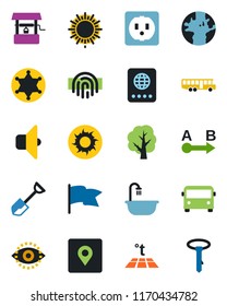 Color and black flat icon set - airport bus vector, passport, sun, shovel, tree, well, earth, route, place tag, eye id, fingerprint, bathroom, socket, warm floor, sound, police, flag, tie