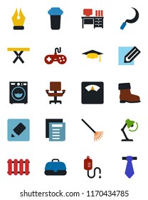 Color and black flat icon set - graduate vector, desk, document, pencil, rake, boot, sickle, picnic table, dropper, scales, gamepad, notes, ink pen, office chair, lamp, washer, water filter, case