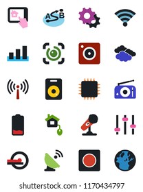 Color and black flat icon set - antenna vector, clouds, tomography, sorting, route, satellite, microphone, radio, speaker, low battery, mobile camera, settings, tuning, record, wireless, eye id, app