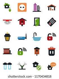 Color and black flat icon set - bird house vector, warehouse, office building, bathroom, estate insurance, home control, socket, wireless lock, remote, irrigation, router, water filter, outdoor lamp