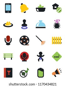 Color and black flat icon set - smoking place vector, reception bell, baby, stamp, fence, rake, bench, virus, reel, microphone, cell phone, music, battery, estate insurance, serviette, wine card