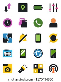 Color and black flat icon set - phone vector, mobile, cell, tuning, user, clock, sd, network, data exchange, torch, mute, place tag, photo gallery, battery, application, update, calendar, wireless