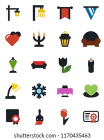 Color and black flat icon set - pennant vector, garden light, heart, tulip, themes, sertificate, desk lamp, cushioned furniture, restaurant table, candle, snowflake, outdoor, pennon, certificate