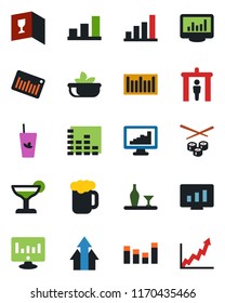 Color and black flat icon set - security gate vector, statistic monitor, barcode, equalizer, statistics, bar graph, alcohol, wine card, cocktail, phyto, beer, salad, sushi, arrow up, growth