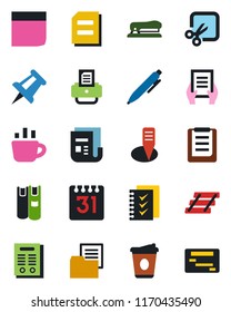 Color and black flat icon set - pen vector, document, coffee, drawing pin, printer, plant label, clipboard, folder, news, calendar, cut, blank box, checklist, paper tray, contract, book, stapler